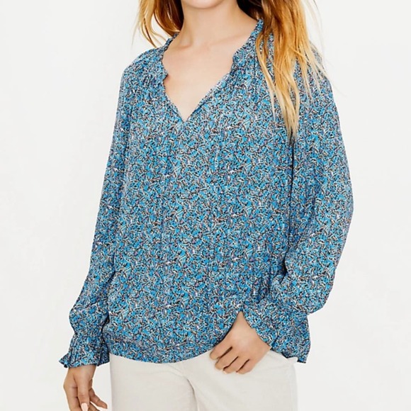 Loft Womens Ditsy Floral Peblum Ruffle Tie Neck Peasant Style Blouse Size Medium - Picture 1 of 9
